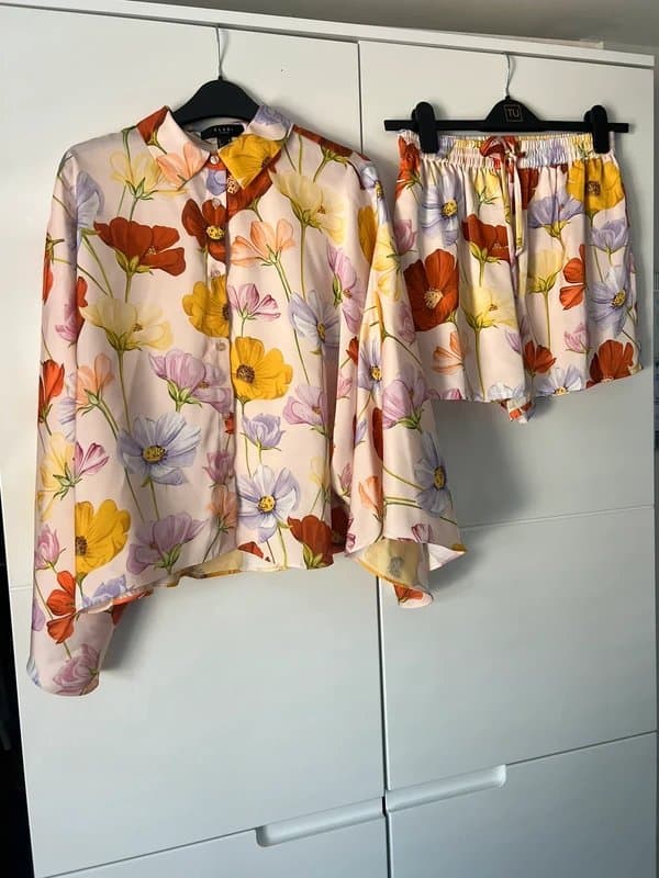 Club L Club London satin flower shorts and long sleeve shirt