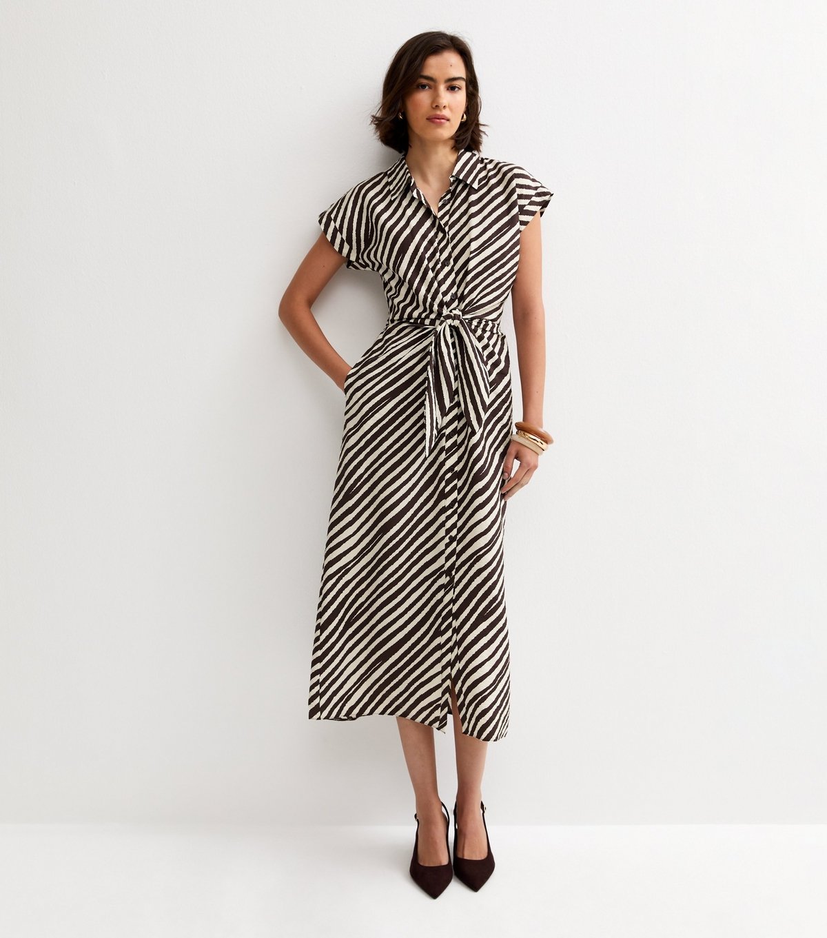 New Look Women's Brown Striped Tie Front Midi Shirt Dress New Look - 3