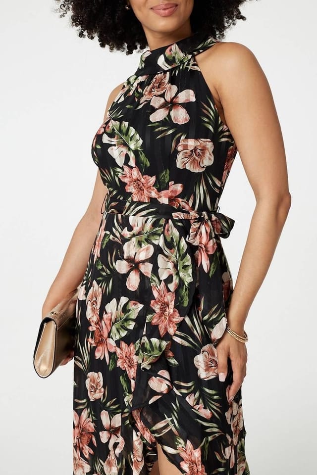 Izabel London Izabel London Women's Floral Asymmetric Halter Neck Midi Dress in Black - 2