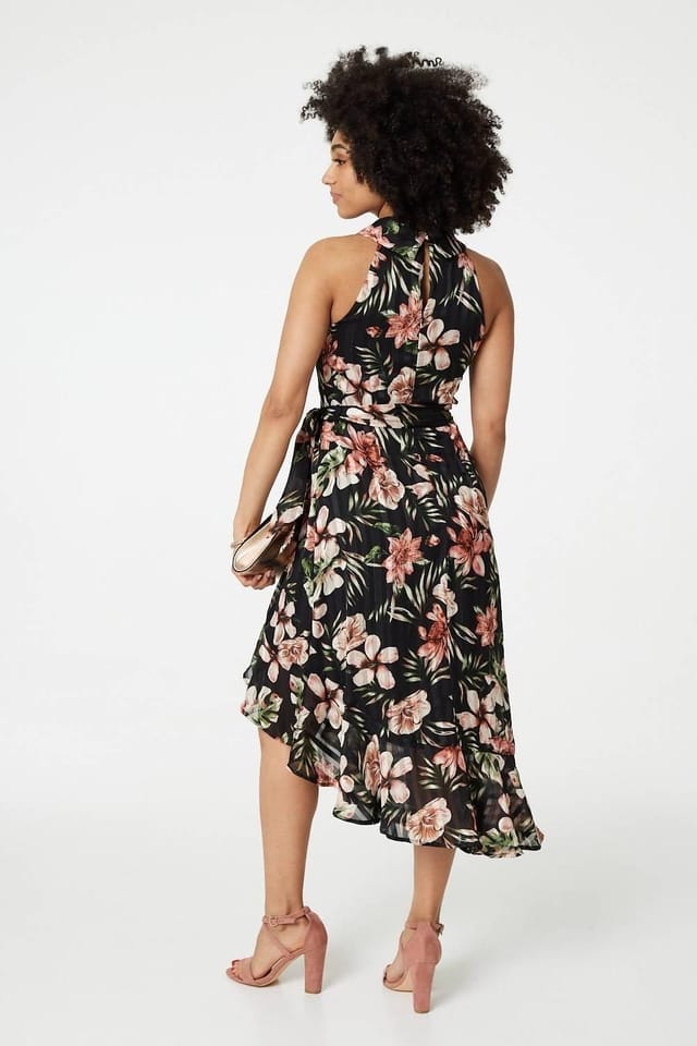 Izabel London Izabel London Women's Floral Asymmetric Halter Neck Midi Dress in Black - 3