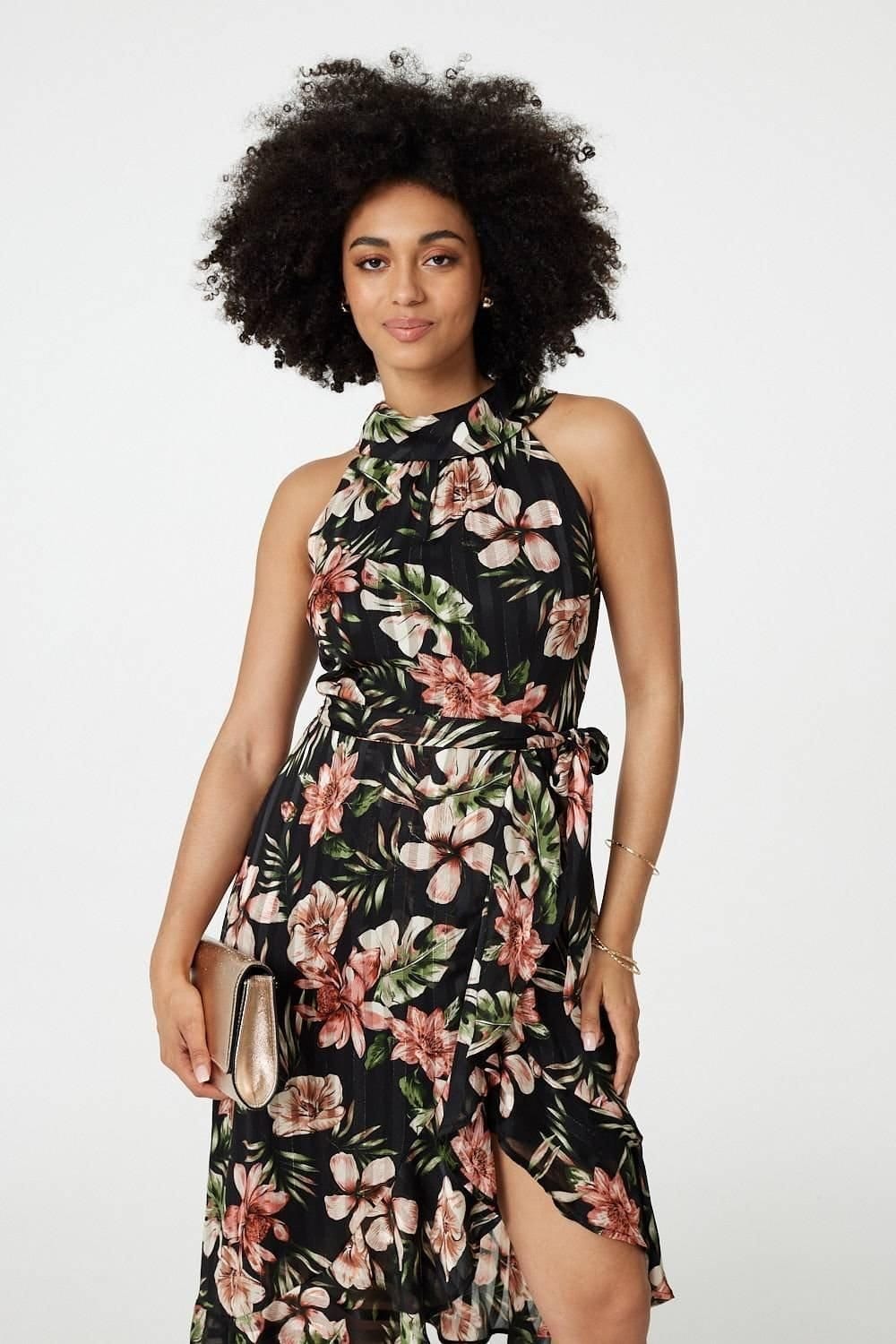 Izabel London Izabel London Women's Floral Asymmetric Halter Neck Midi Dress in Black - 4