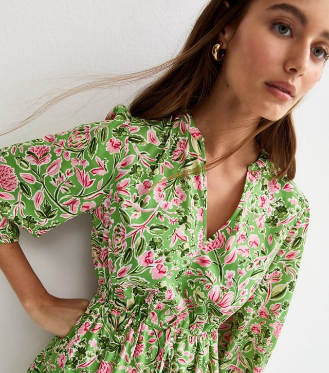 New Look Women's Green Floral Tiered Mini Dress New Look - 2