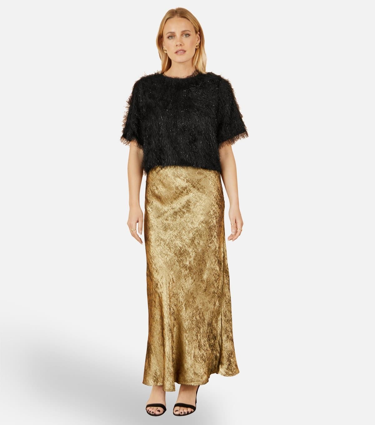 Yumi Women's Gold Satin Midi Skirt Yumi New Look