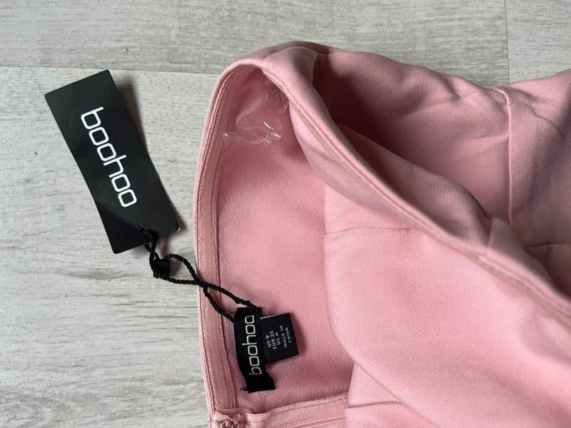 Boohoo boohoo strapless baby pink column midi dress with faux flap pocket details
