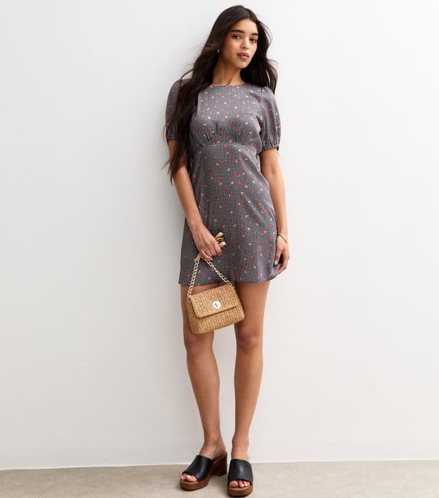 New Look Women's Black Checked Open Back Satin Mini Dress New Look - 3