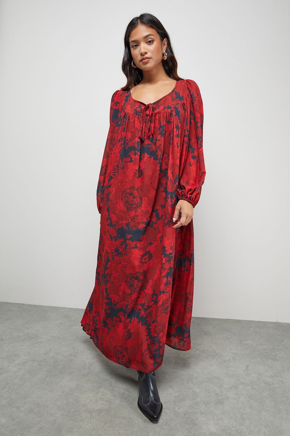 Warehouse Warehouse Women's Petite Chiffon Tie Front Volume Midi Smock Dress in Red