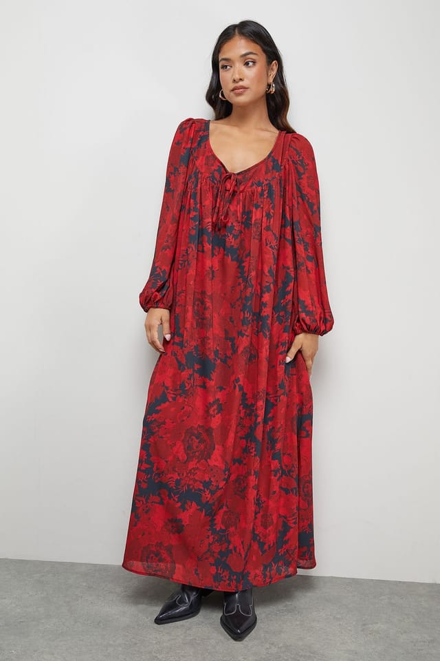Warehouse Warehouse Women's Petite Chiffon Tie Front Volume Midi Smock Dress in Red - 2