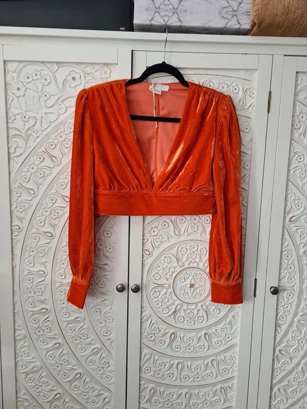 ASOS Orange Velvet Shoulder Pad Plunge Crop Shirt