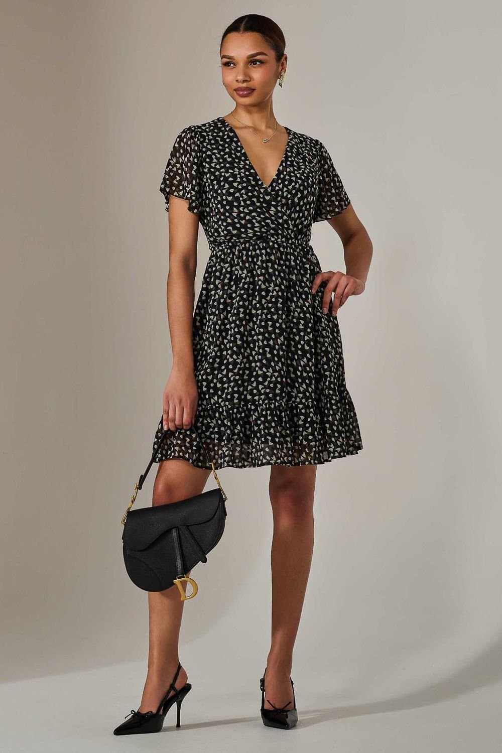 Jolie Moi Jolie Moi Women's Chiffon Short Sleeve Tie Waist Mini Dress in Black