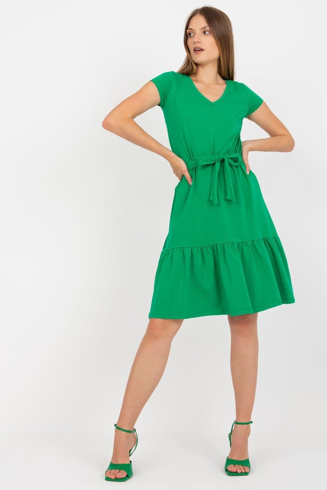 Love Lace Love Lace Women's Summer V Neck Tie Waist Ruffle Dress in Green