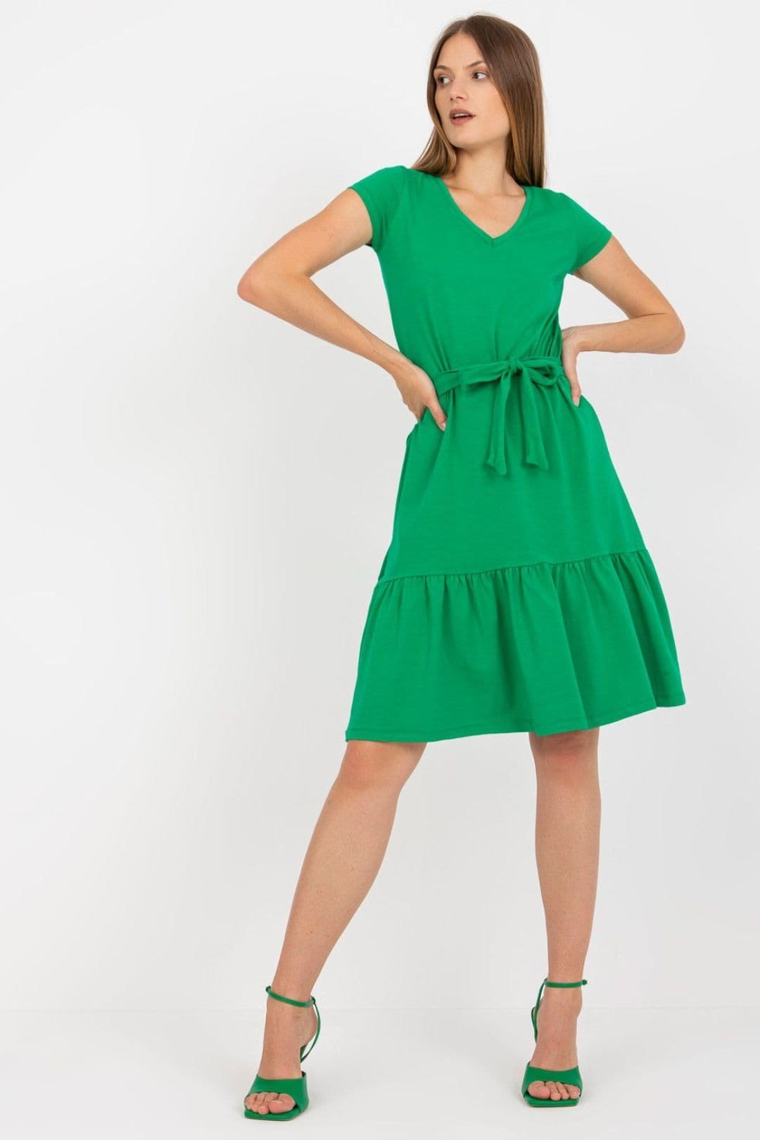 Love Lace Green V-Neck Tie Waist Ruffle Dress