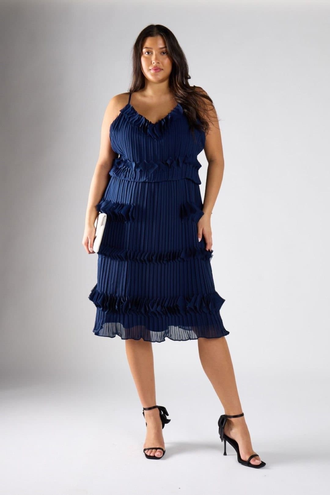 Shnoo Shnoo Women's Pleated Tiered Midi Dress in Navy