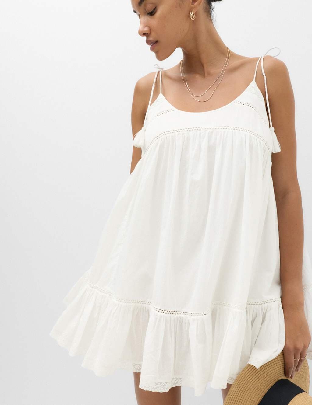 Marks & Spencer M&S Pure Cotton Lace Insert Mini Smock Dress Soft White