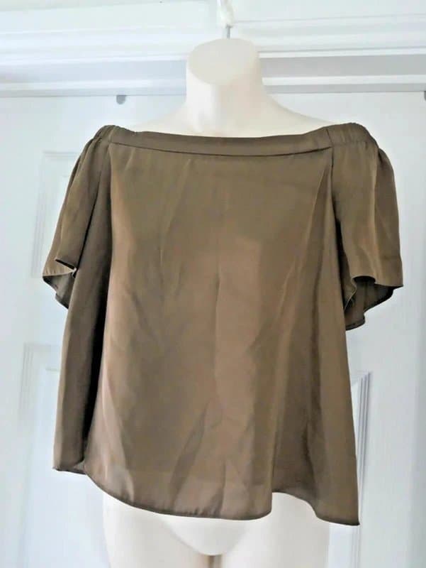 New Look New Look Blouse Top Size 12 Satin Khaki Metallic Womens Party Off the Shoulder