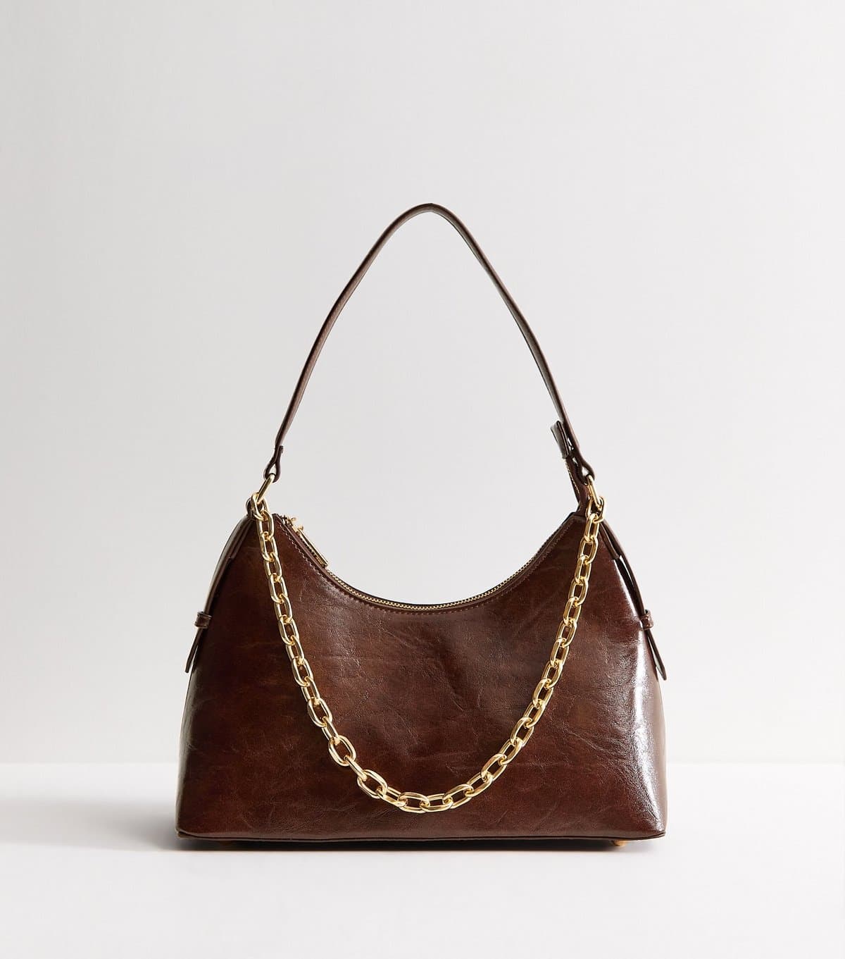 New Look Dark Brown Patent Faux Leather Chain Strap Shoulder Bag New Look