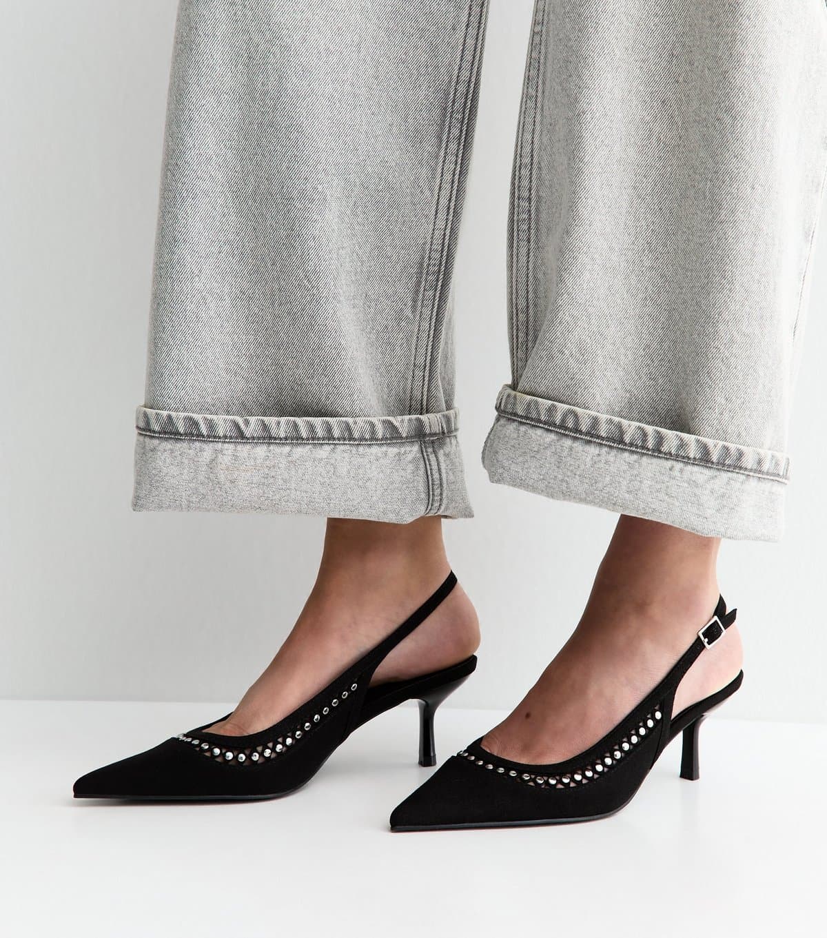 New Look New Look Black Faux Suede Studded Slingback Heels