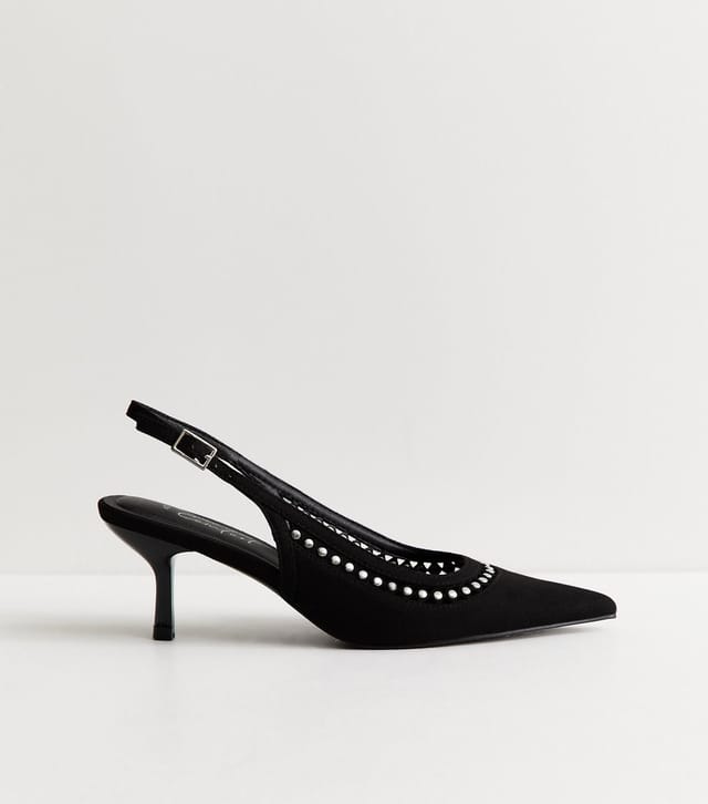 New Look Women's Black Faux Suede Studded Slingback Court Shoes Vegan New Look - 2