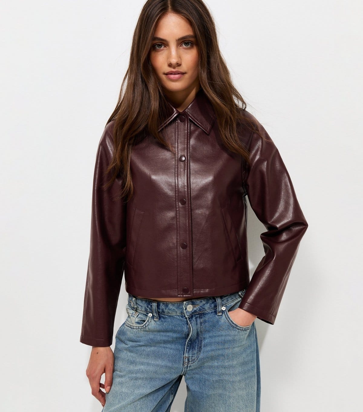 New Look Women's Dark Burgundy Faux Leather Collared Jacket New Look - 1