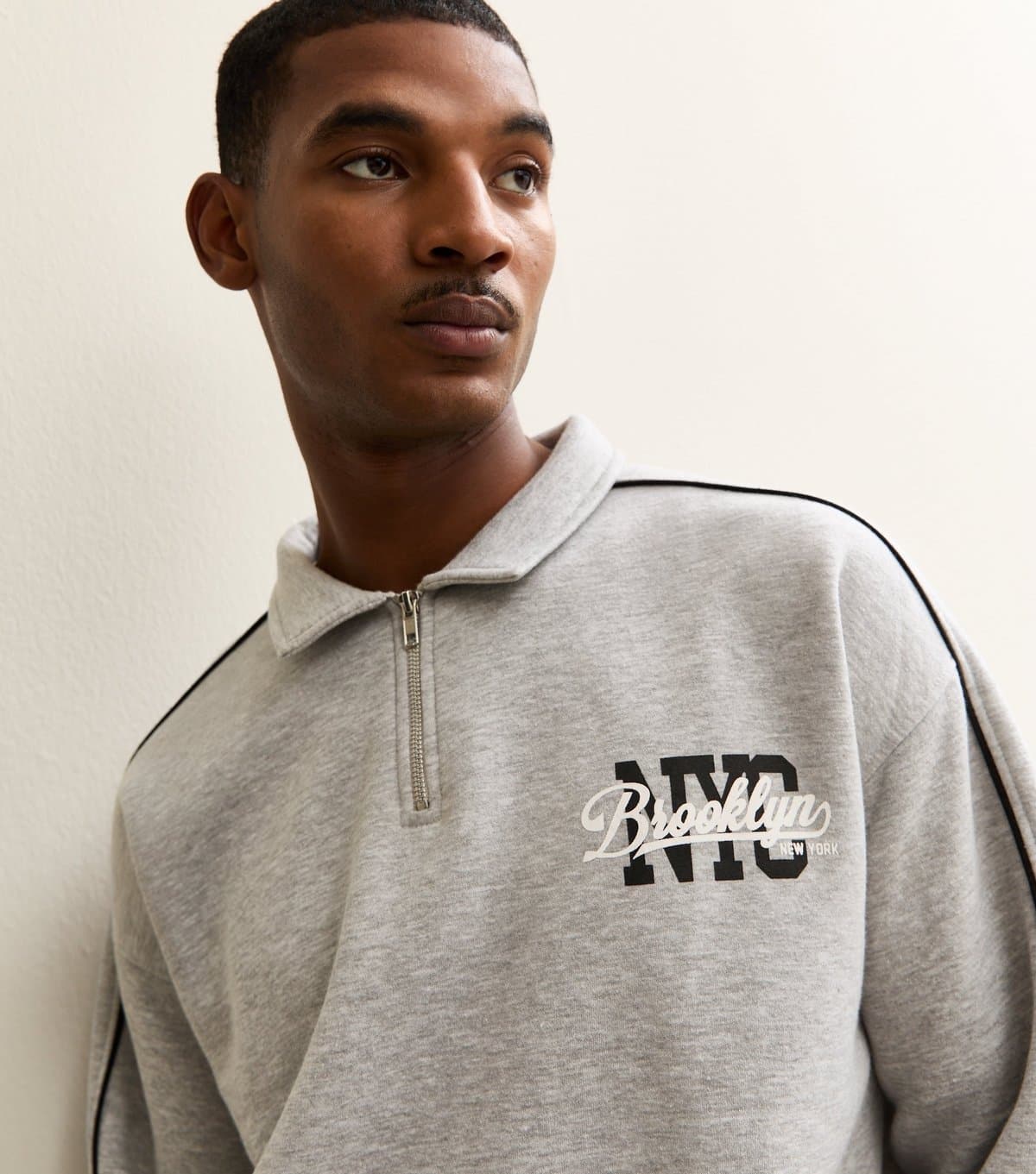 New Look Men's Grey Marl Relaxed Brooklyn Logo Quarter Zip Sweatshirt New Look
