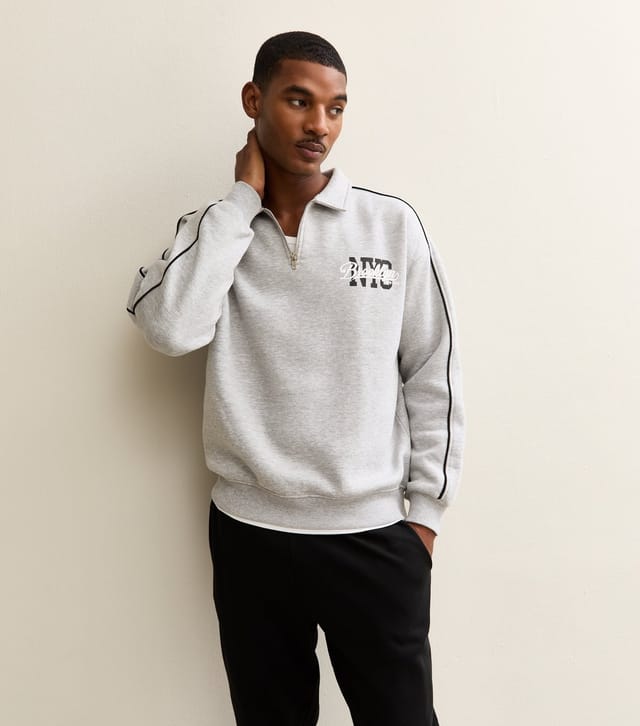 New Look Men's Grey Marl Relaxed Brooklyn Logo Quarter Zip Sweatshirt New Look - 2