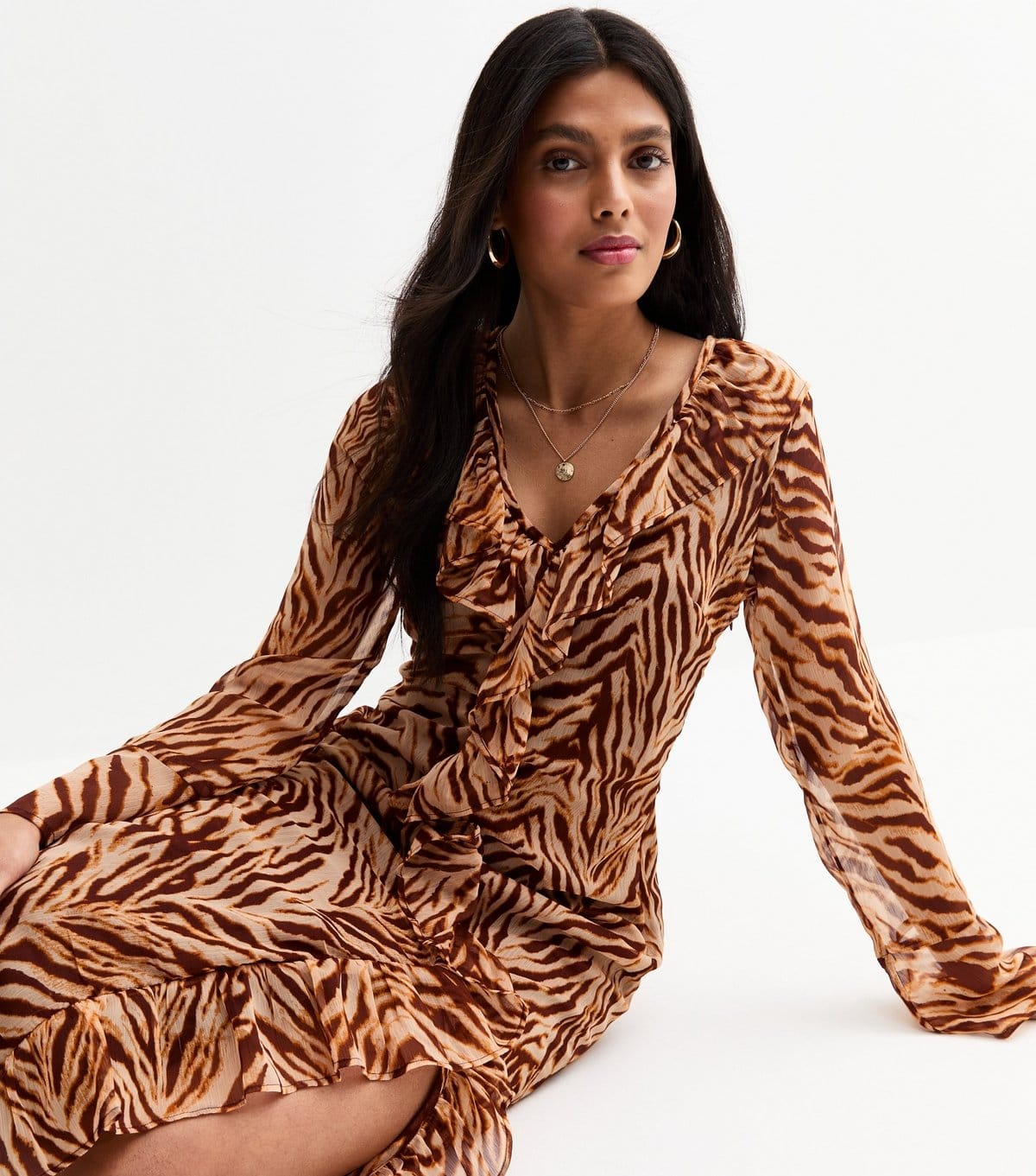 New Look Brown Animal Print Chiffon Midi Dress
