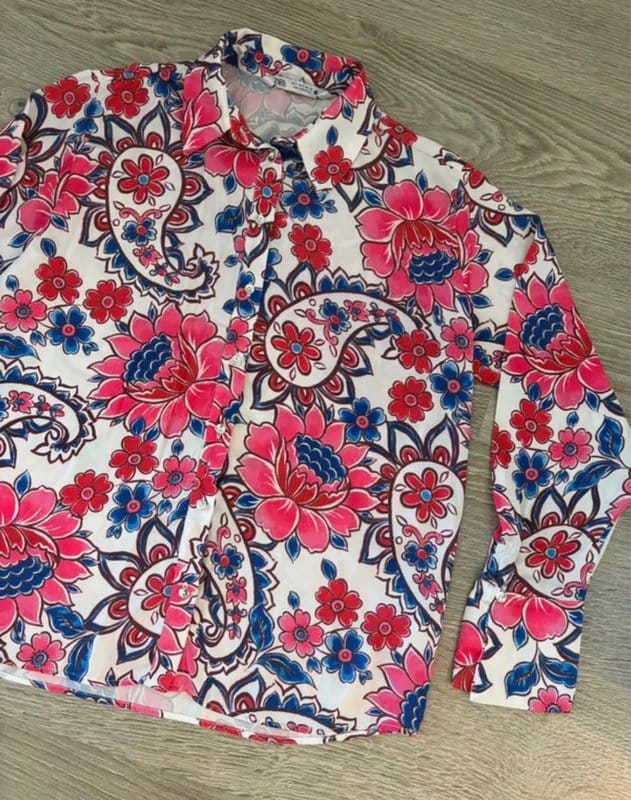 ZARA Floral Paisley Print Shirt Blouse Pink Blue Retro Boho