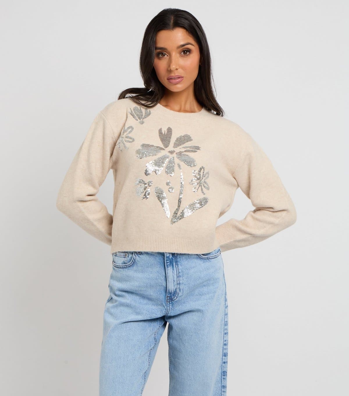Urban Bliss Women's Cream Floral Sequin Placement Jumper Urban Bliss New Look