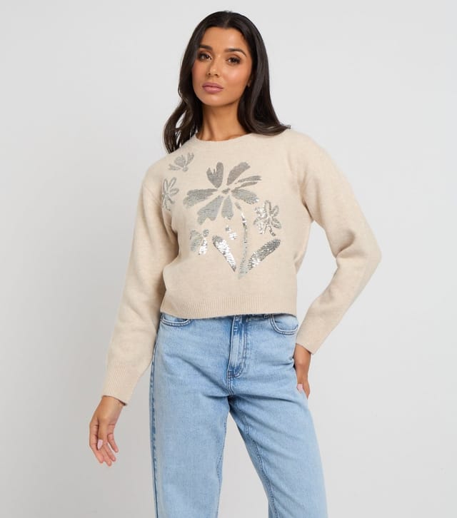 Urban Bliss Women's Cream Floral Sequin Placement Jumper Urban Bliss New Look - 2