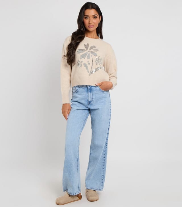 Urban Bliss Women's Cream Floral Sequin Placement Jumper Urban Bliss New Look - 3