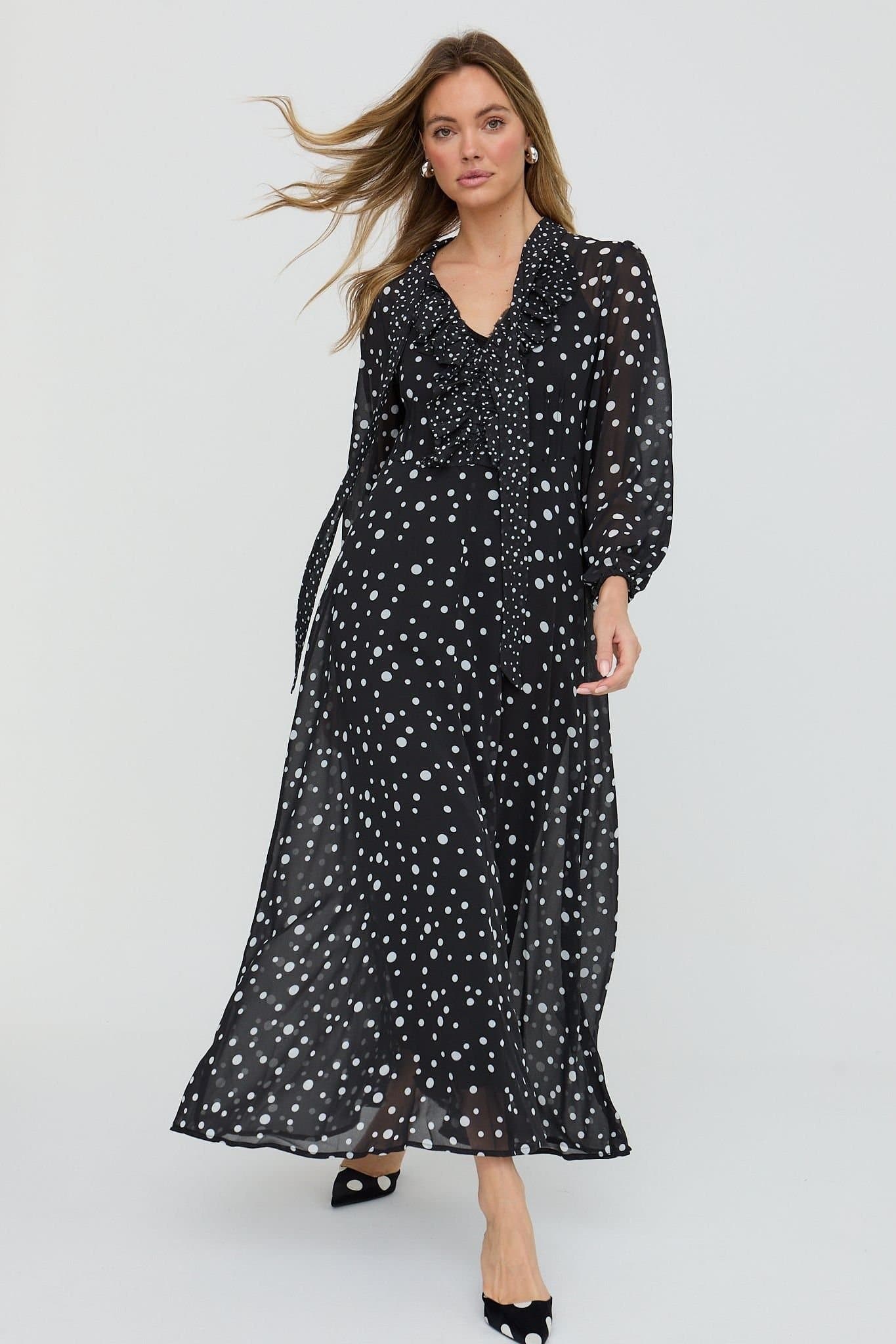 Lily and Lionel Lily and Lionel Women's Margot Ruffle Neck Spot Print Maxi Dress In Black