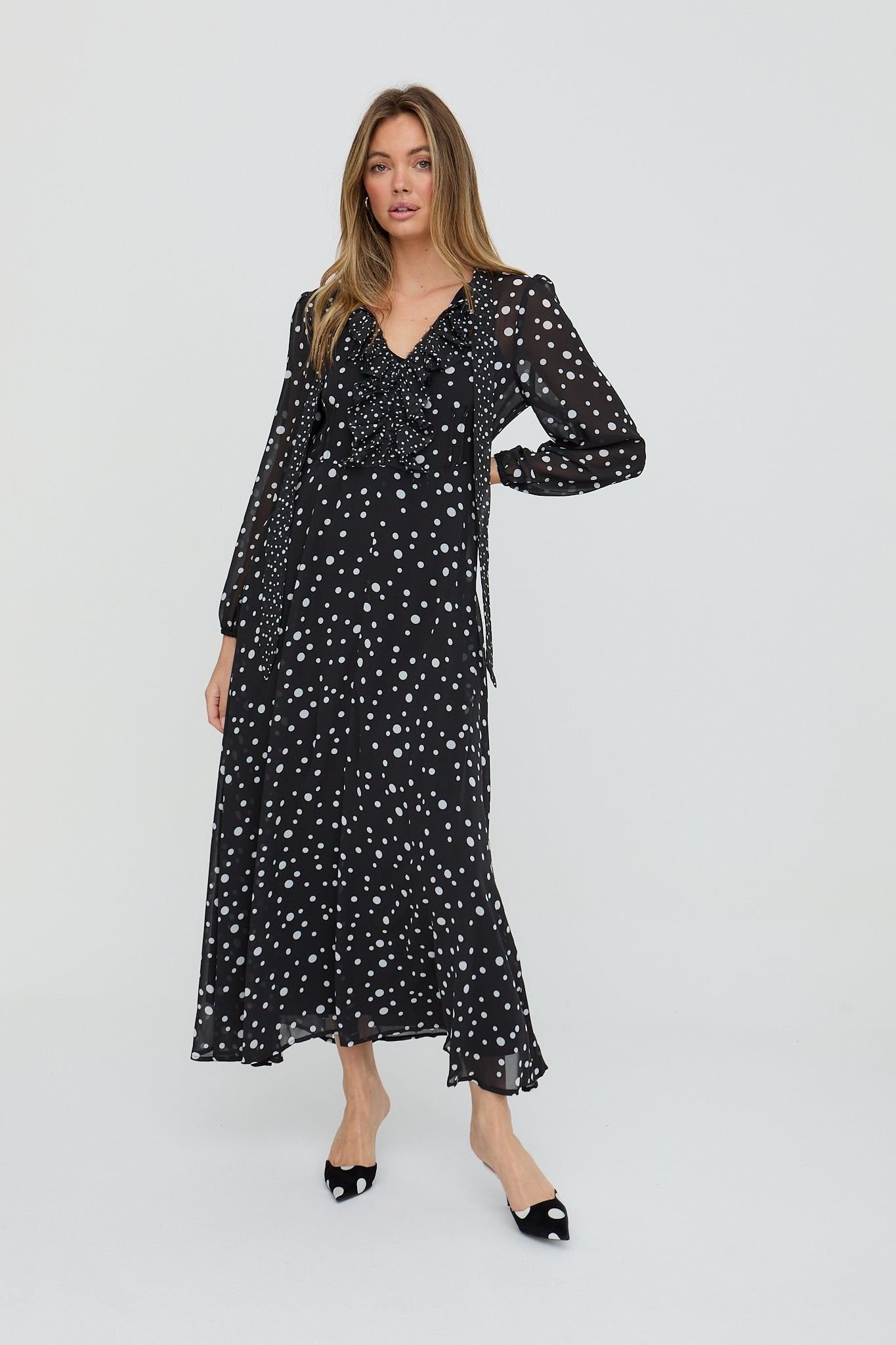 Lily and Lionel Lily and Lionel Women's Margot Ruffle Neck Spot Print Maxi Dress In Black - 3
