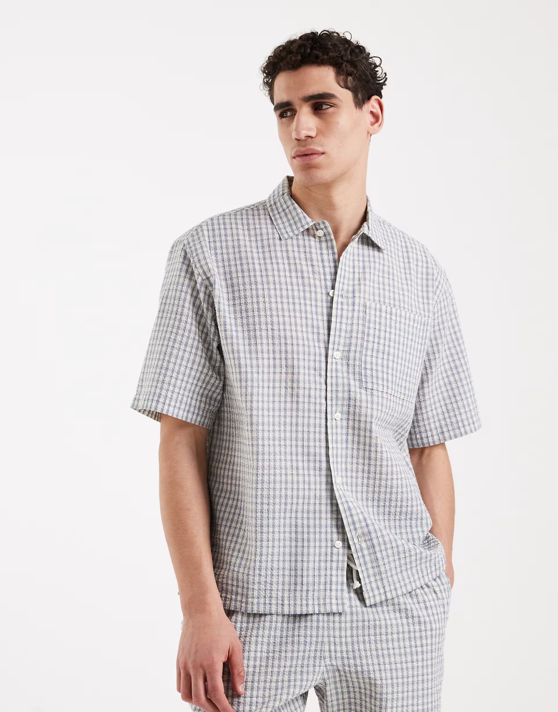 ASOS Redefined Rebel Rowdy oversized fit short sleeve checked shirt co-ord in blue multi
