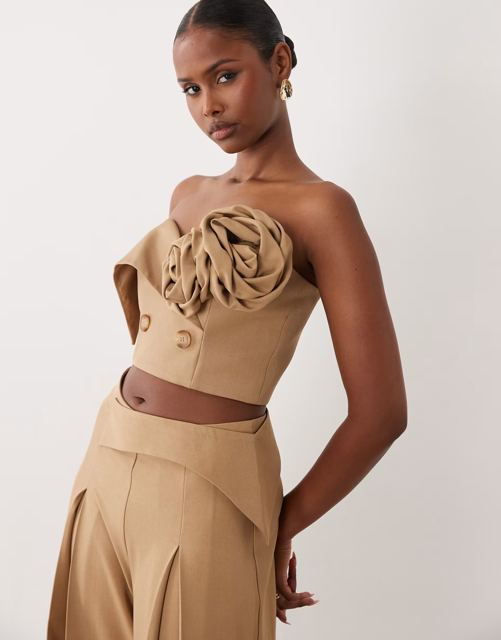 ASOS ASOS LUXE co-ord tailored top with rosette detail in taupe