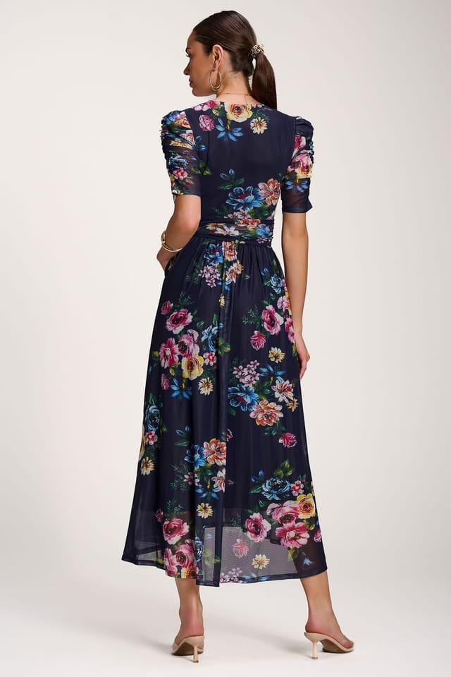 Jolie Moi Jolie Moi Women's Floral Print Mesh Maxi Dress in Navy - 2
