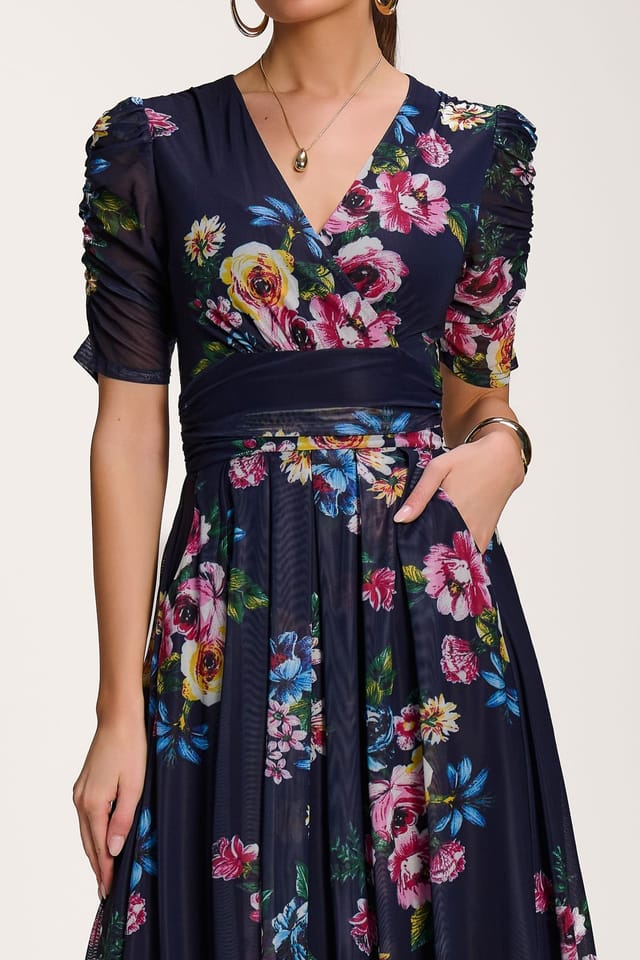 Jolie Moi Jolie Moi Women's Floral Print Mesh Maxi Dress in Navy - 3