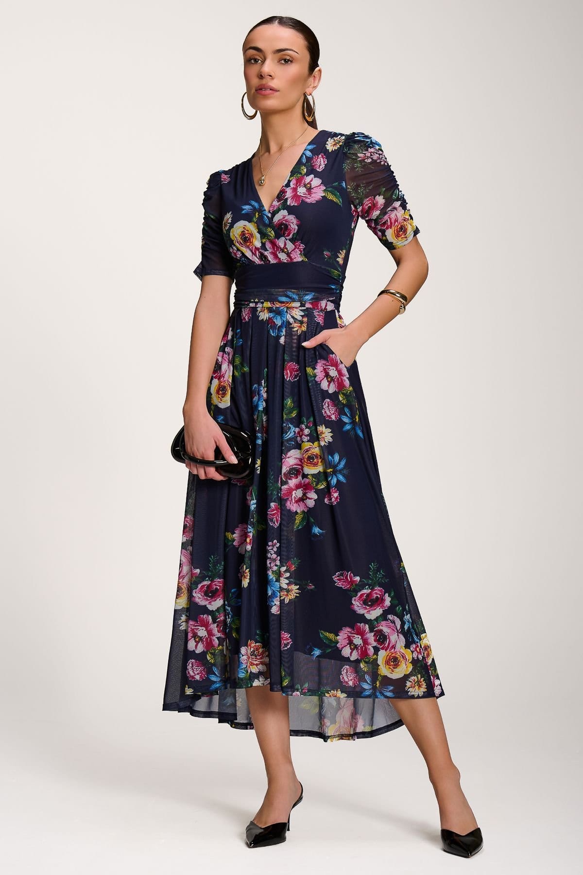 Jolie Moi Jolie Moi Women's Floral Print Mesh Maxi Dress in Navy - 4