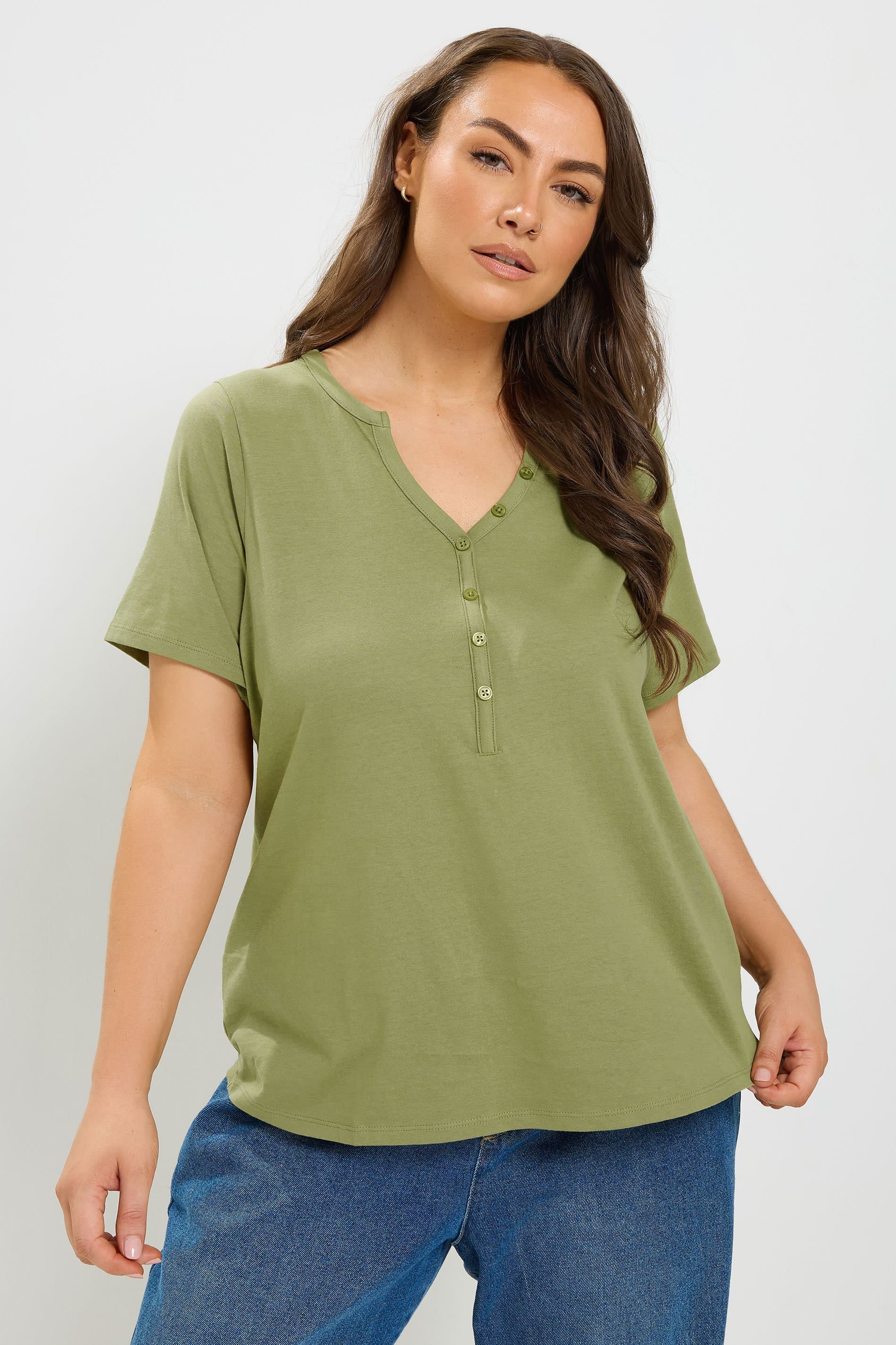 Yours Plus Size Sage Green Cotton Henley Button Tshirt