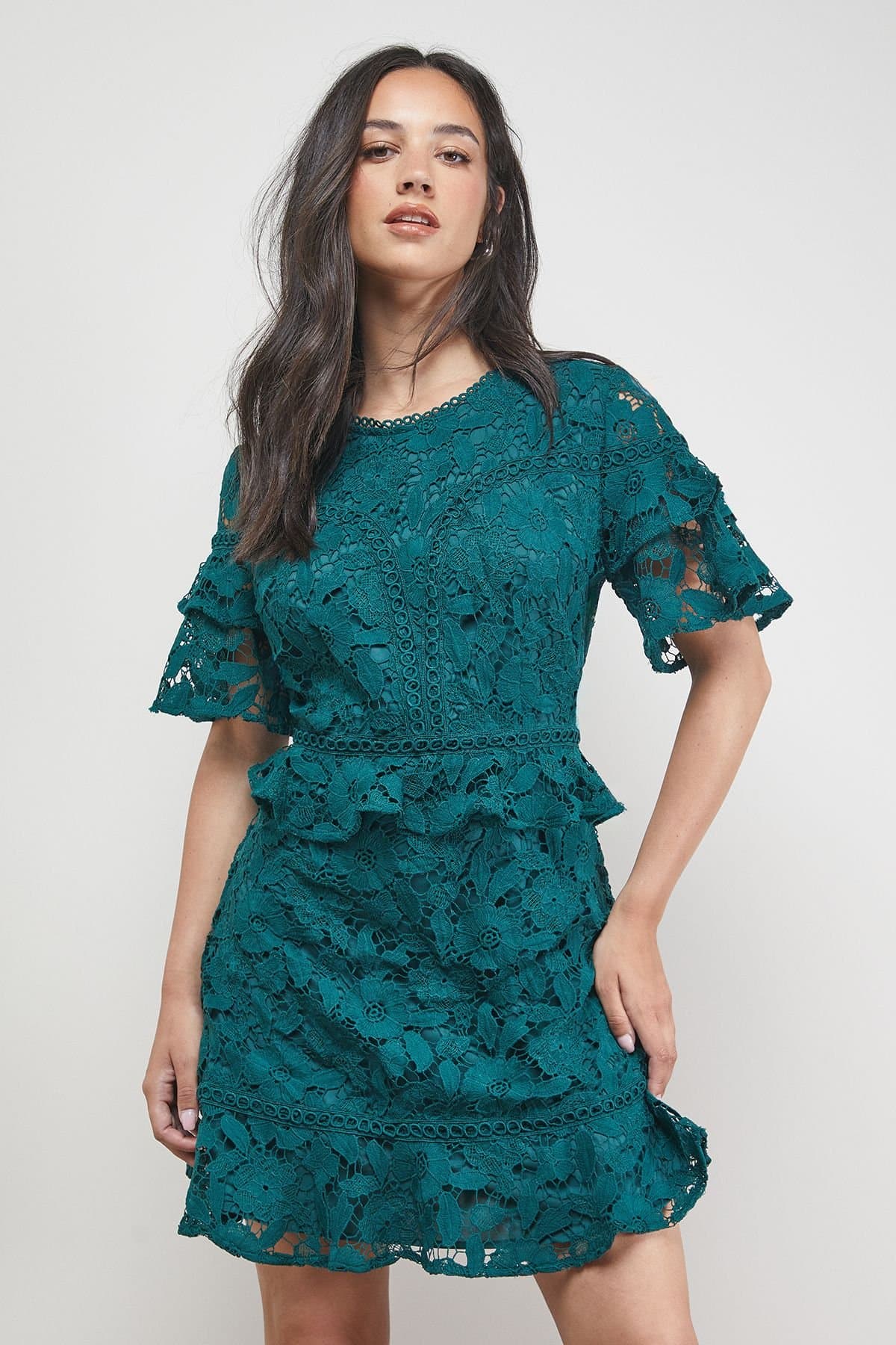 Oasis Oasis Women's Lace Trim Detail Frill Sleeve Mini Dress in Green