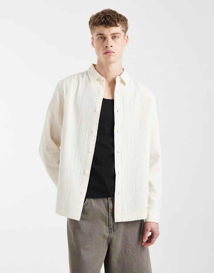 ASOS ASOS DESIGN regular fit crinkle shirt in cream - 1