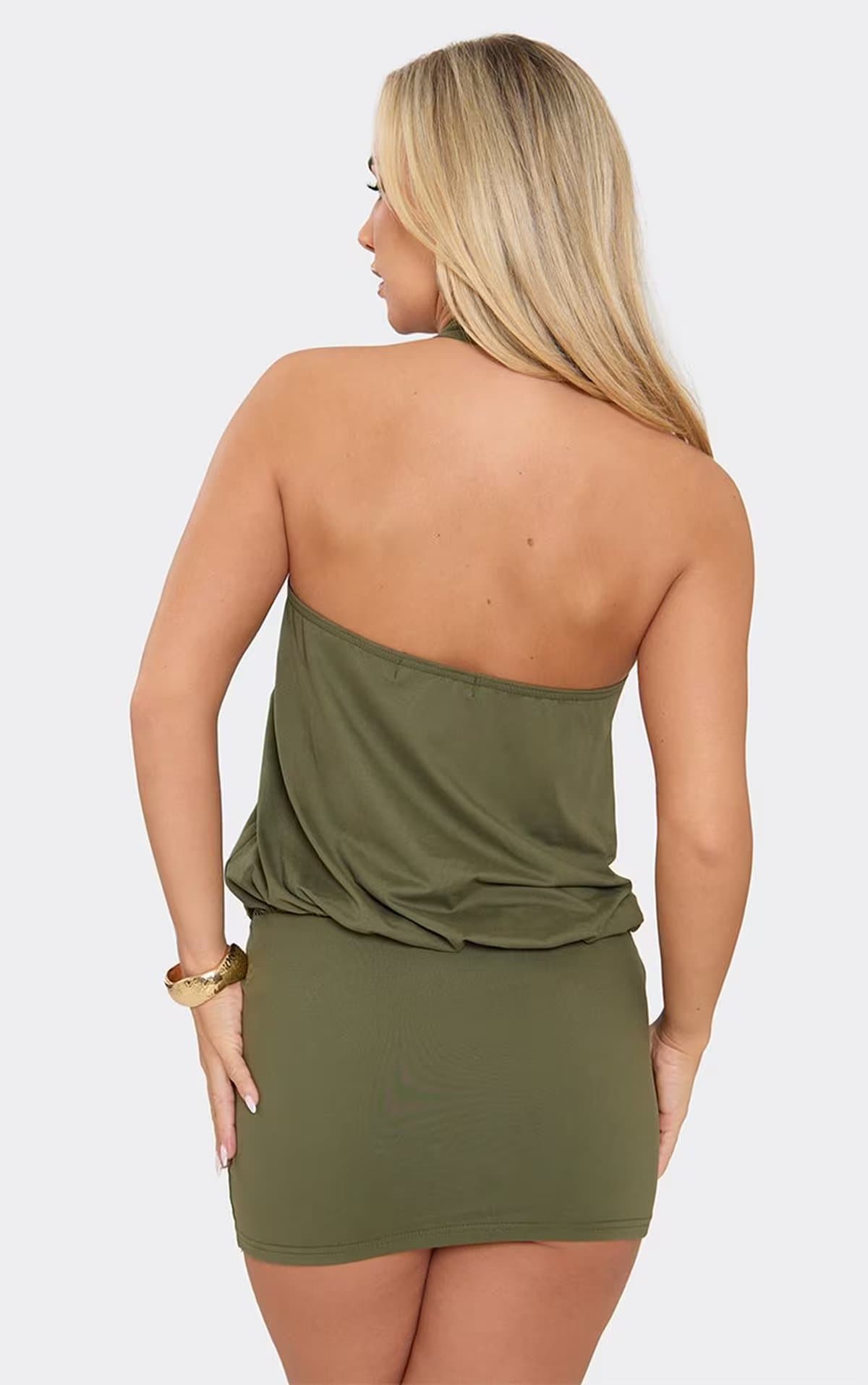 EGO Halterneck Gold Trim Detail Drape Front Mini Dress In Khaki, Women's Size UK S