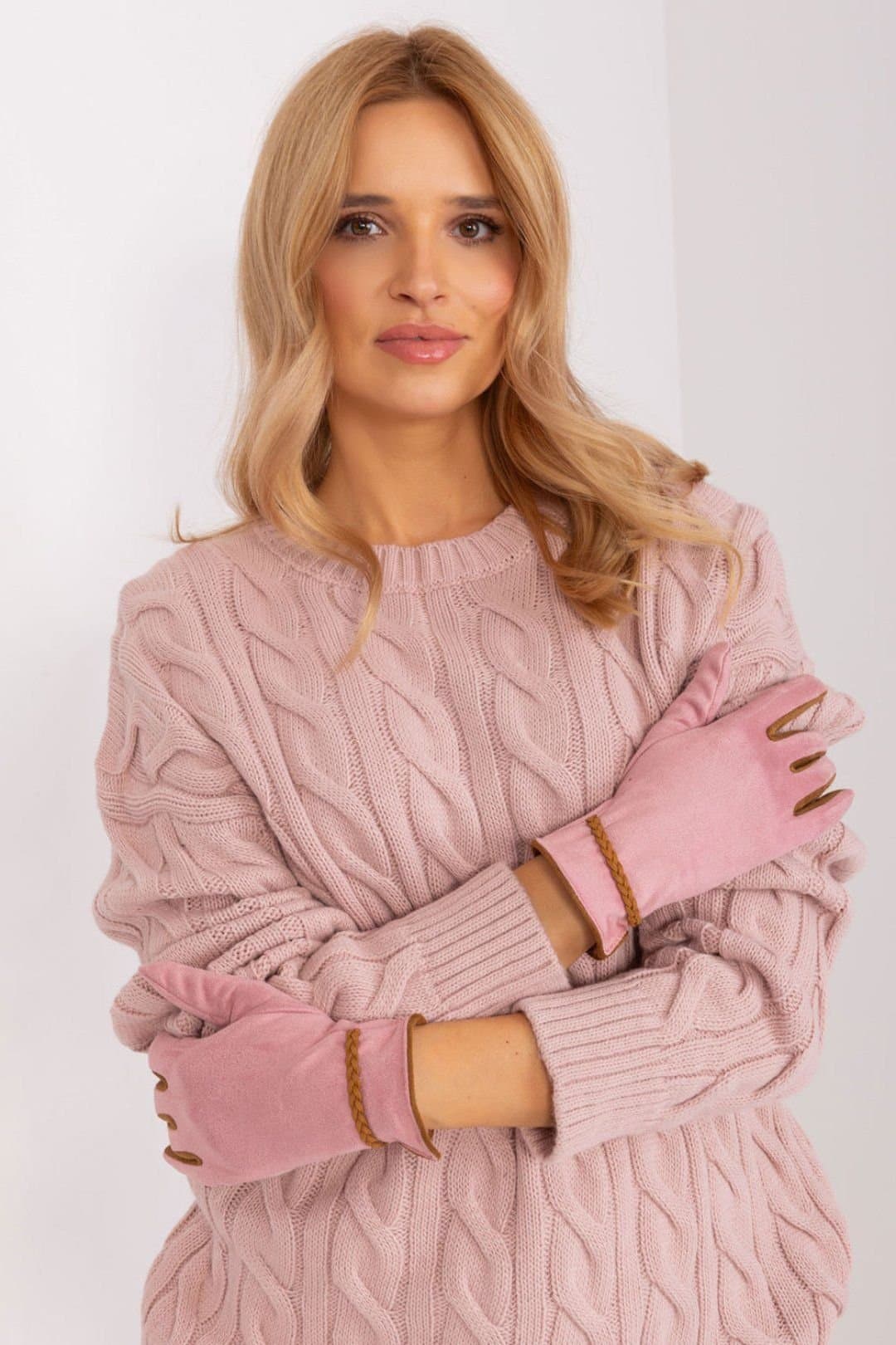 Love Lace Love Lace Women's Elegant Touchscreen Gloves with Contrasting Braided Straps & Flower in Pink