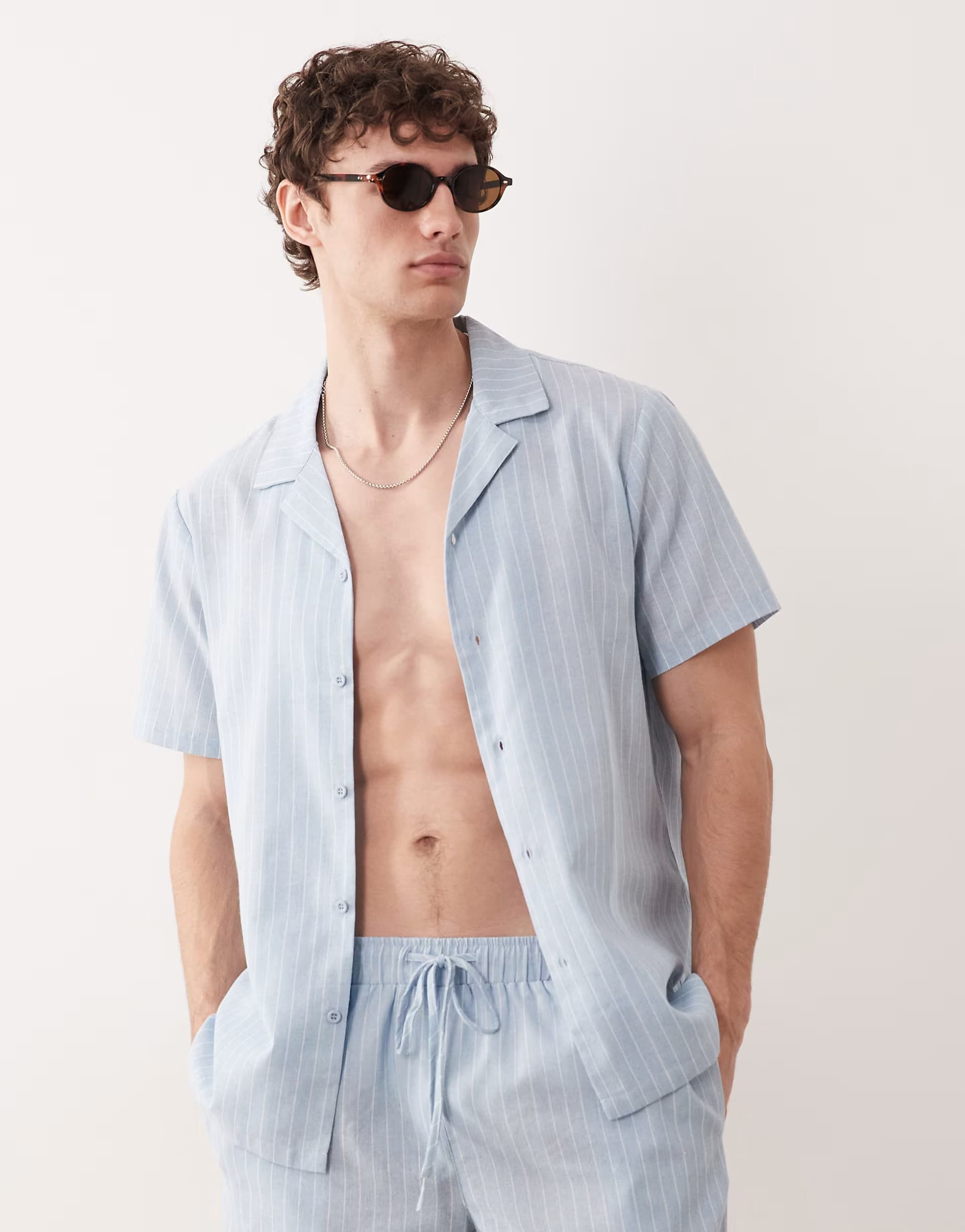 ASOS South Beach short sleeve linen blend shirt in blue stripe