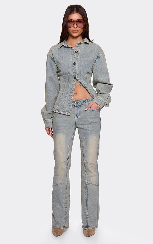 EGO Low Waist Flared Leg Jeans In Blue Washed Denim, Women's Size UK 4 - 2