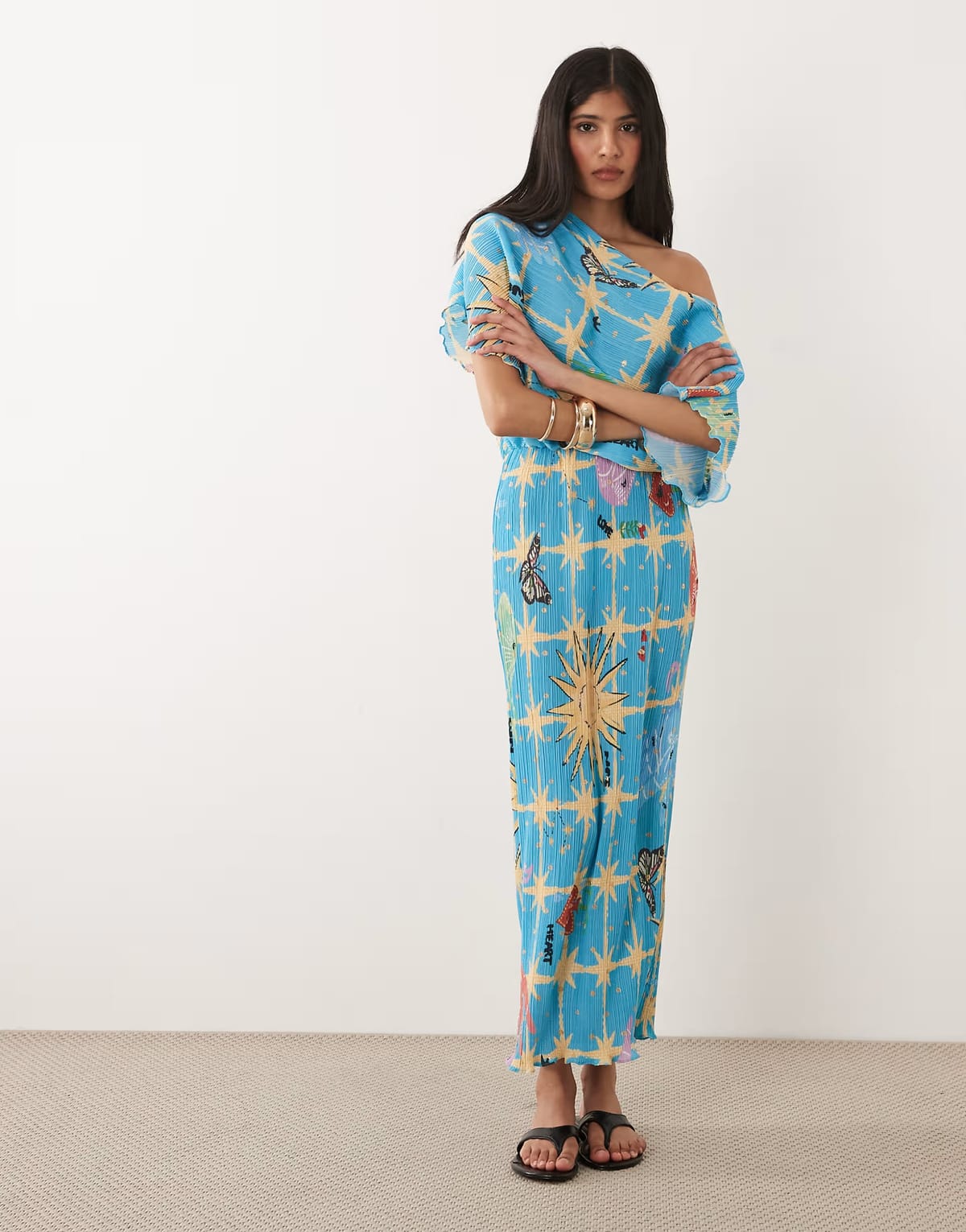 ASOS Never Fully Dressed Tilly off shoulder plisse maxi dress in blue celestial print - 1