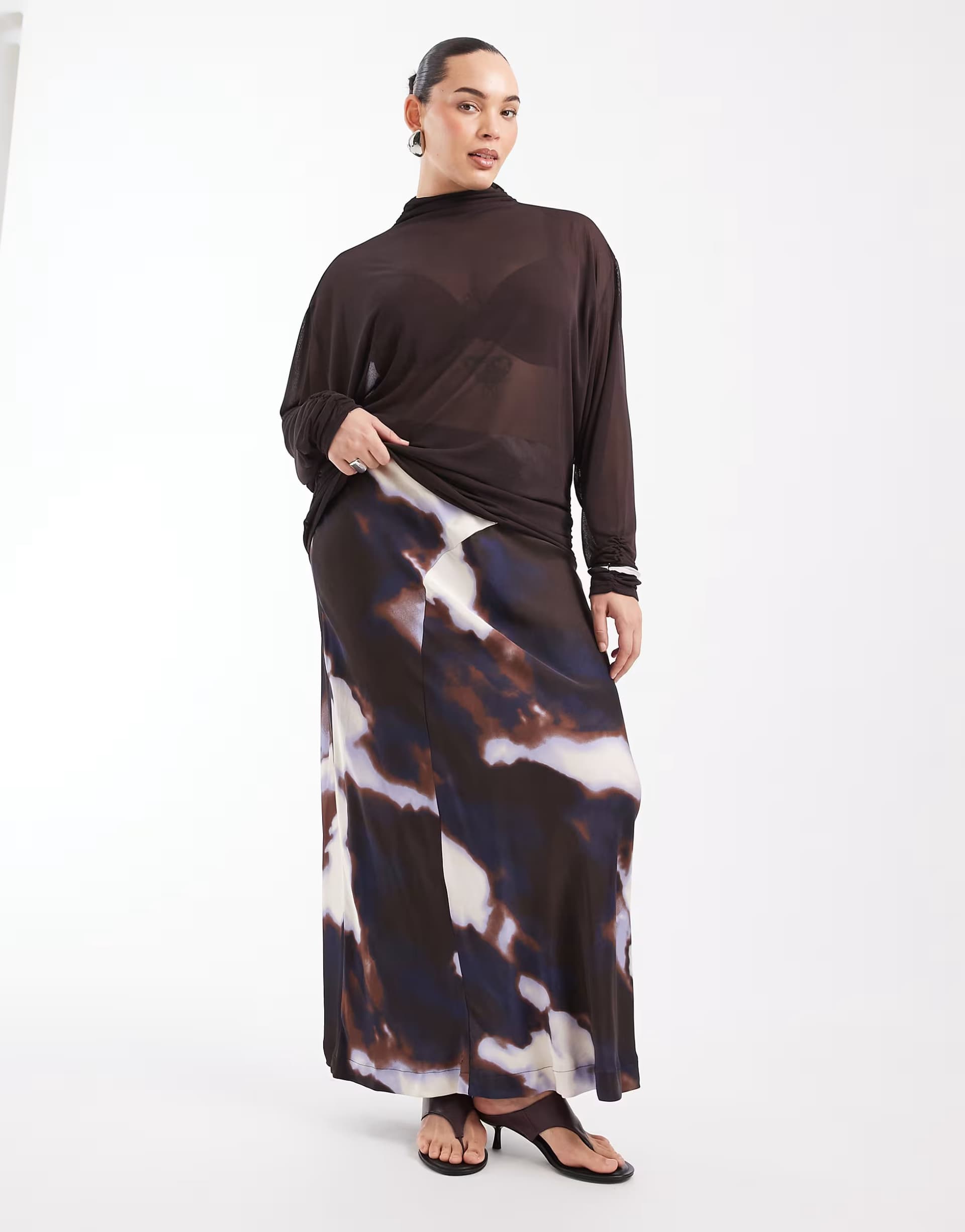 ASOS Vero Moda Curve asymmetric waist satin maxi skirt in brown watercolour print