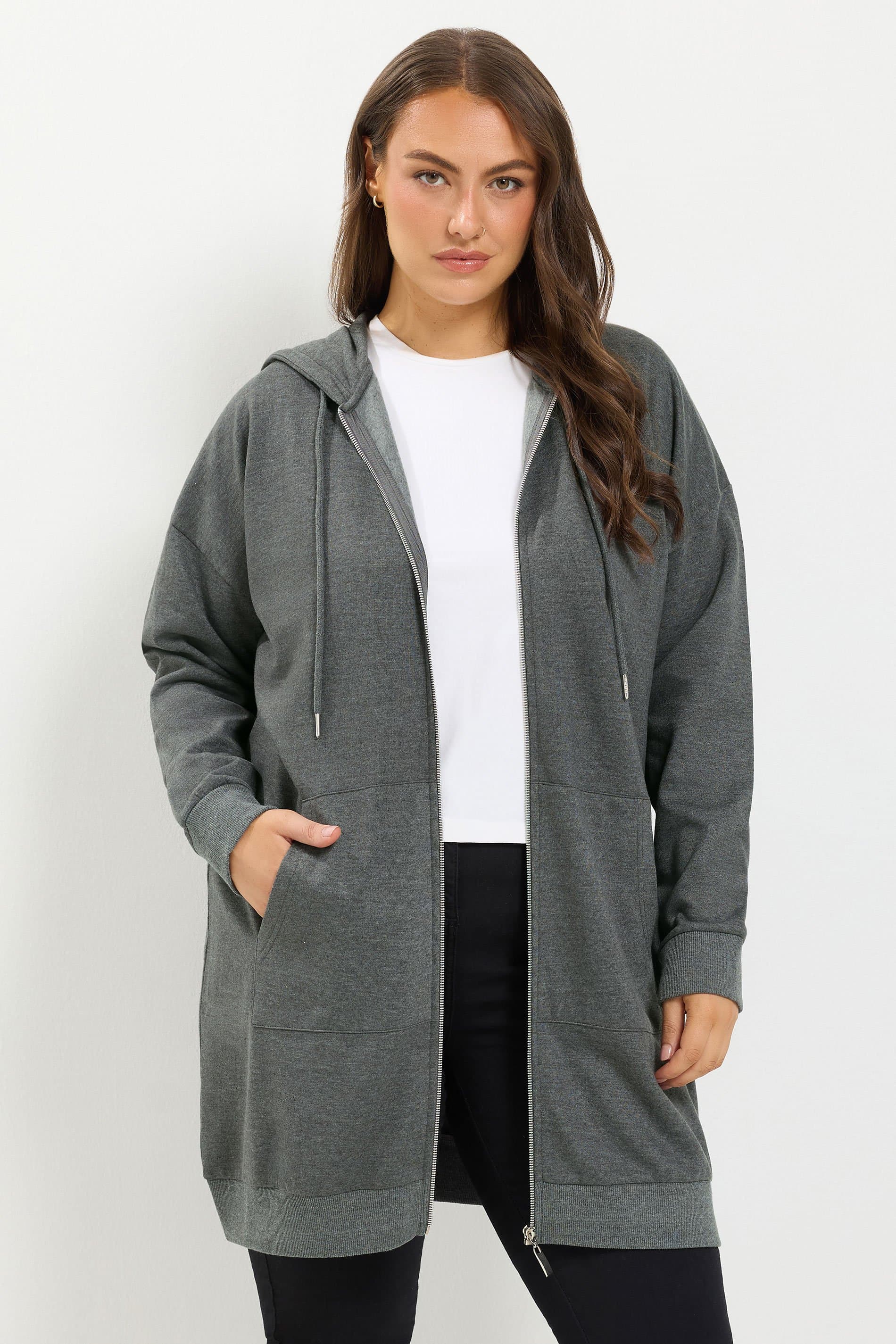 Yours Plus Size Grey Longline Zip Through Hoodie