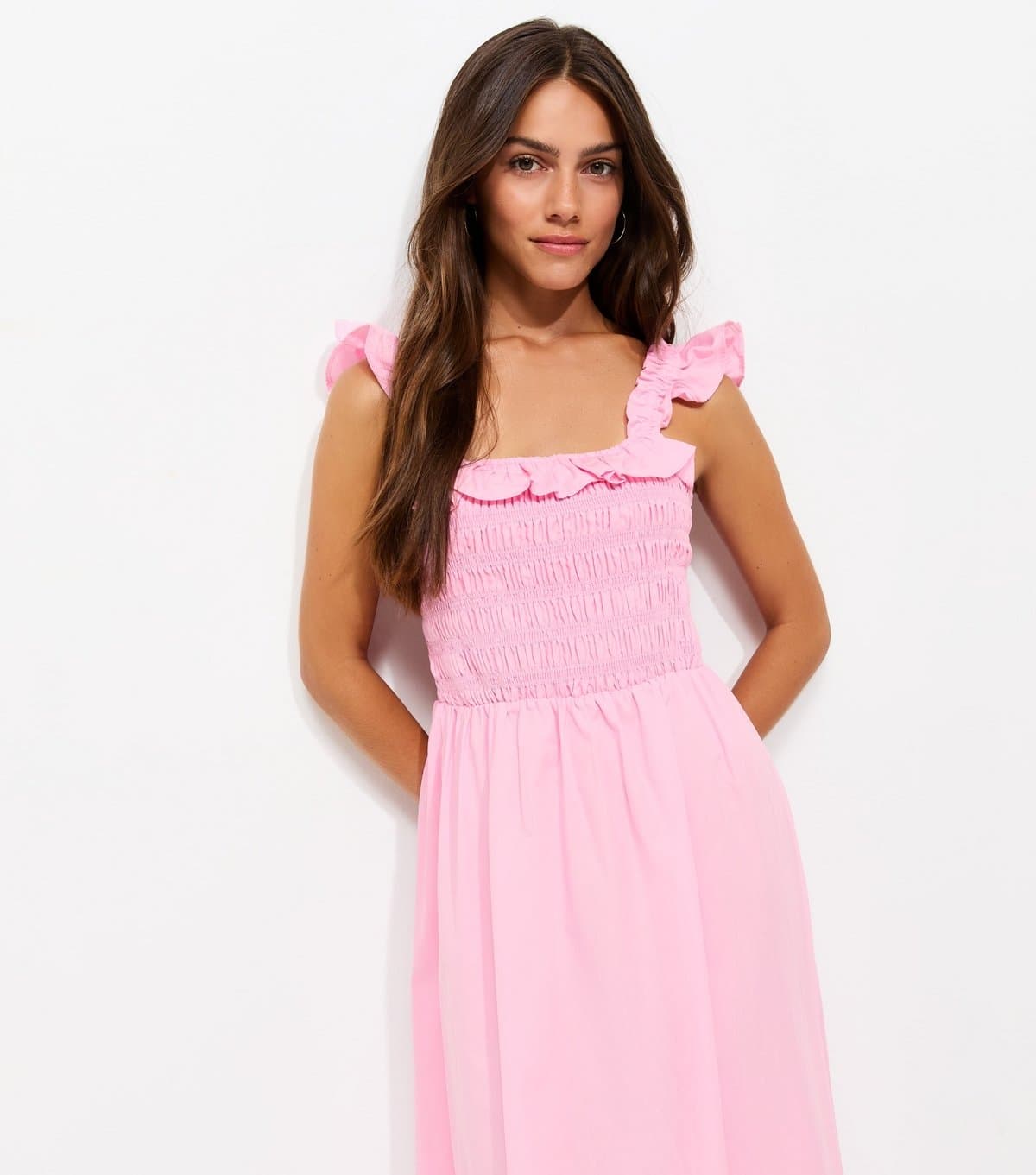 New Look Women's Petite Light Pink Cotton Tie Back Shirred Midi Dress New Look