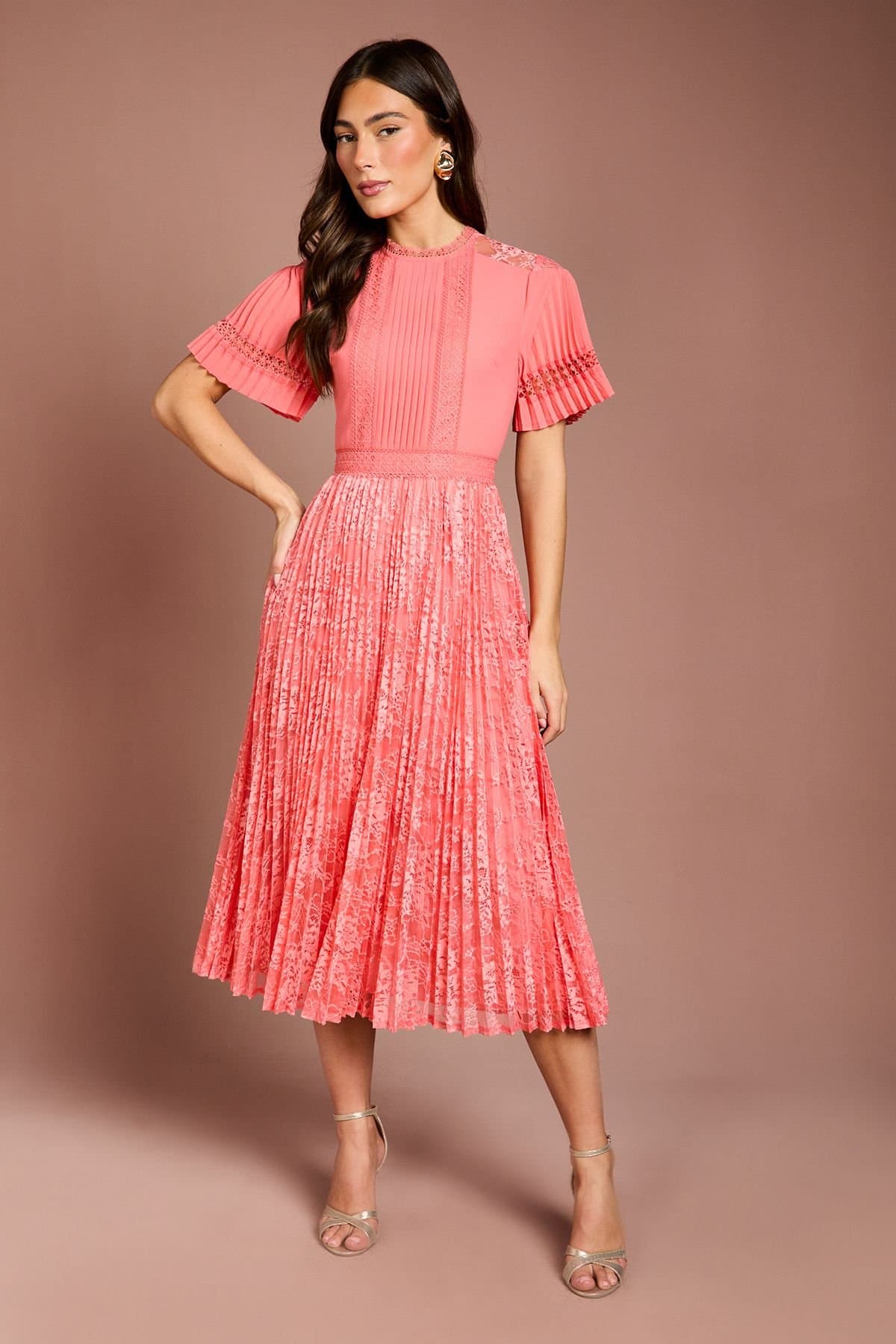 Coast Coast Women's Pleated Lace Midi Dress in Coral