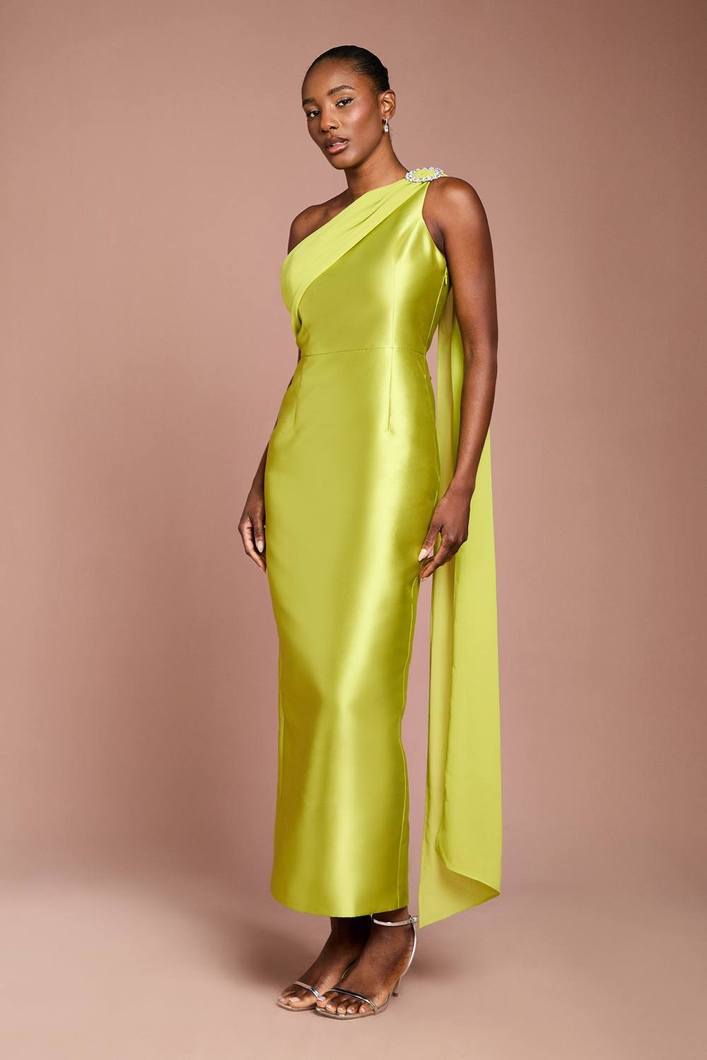 Coast Coast Women's One Shoulder Twill Gown With Diamante Brooch in Chartreuse - 2