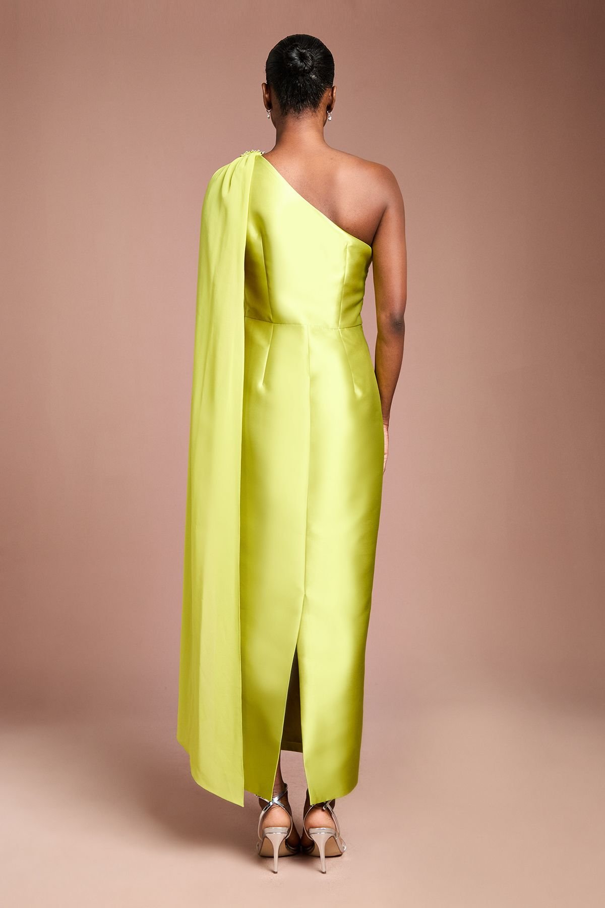 Coast Coast Women's One Shoulder Twill Gown With Diamante Brooch in Chartreuse - 3